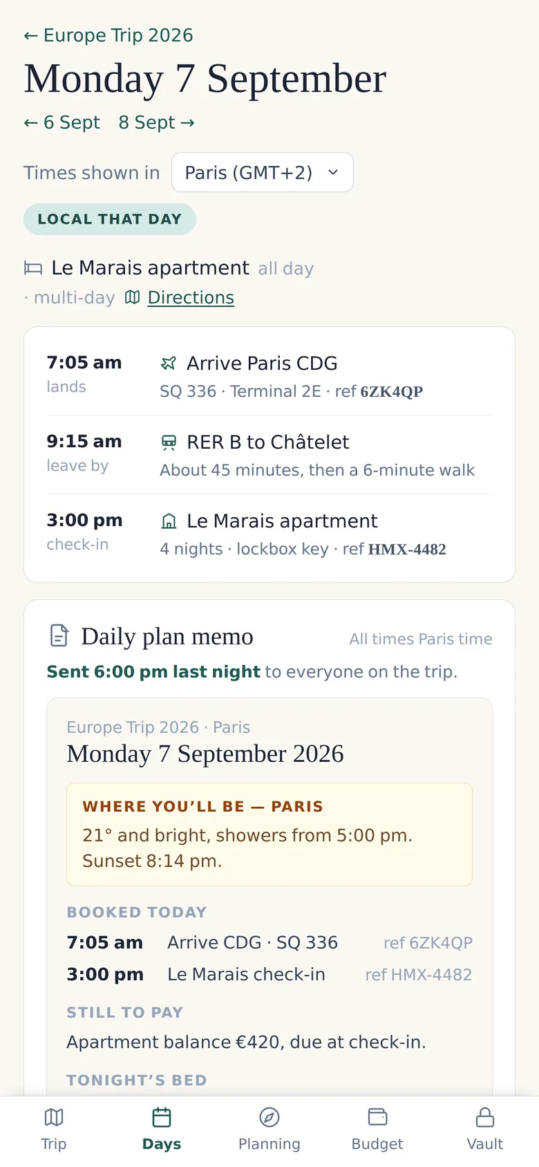 The day page for Monday 7 September on a phone: the time zone in use, the day's bookings with their references, and the daily memo underneath, with the forecast, what's booked and what's still to pay.